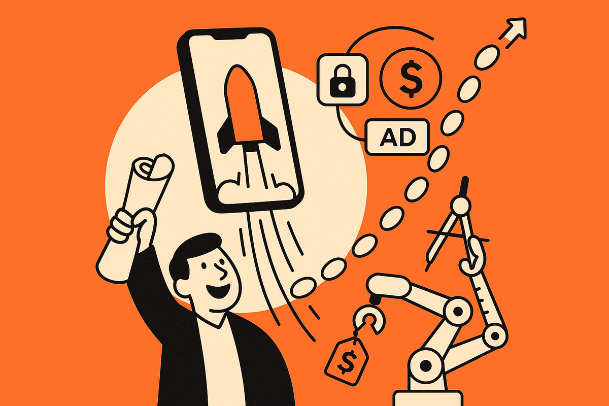 Aha moment: smartphone launches with monetization icons orbiting while the founder and AI celebrate momentum.