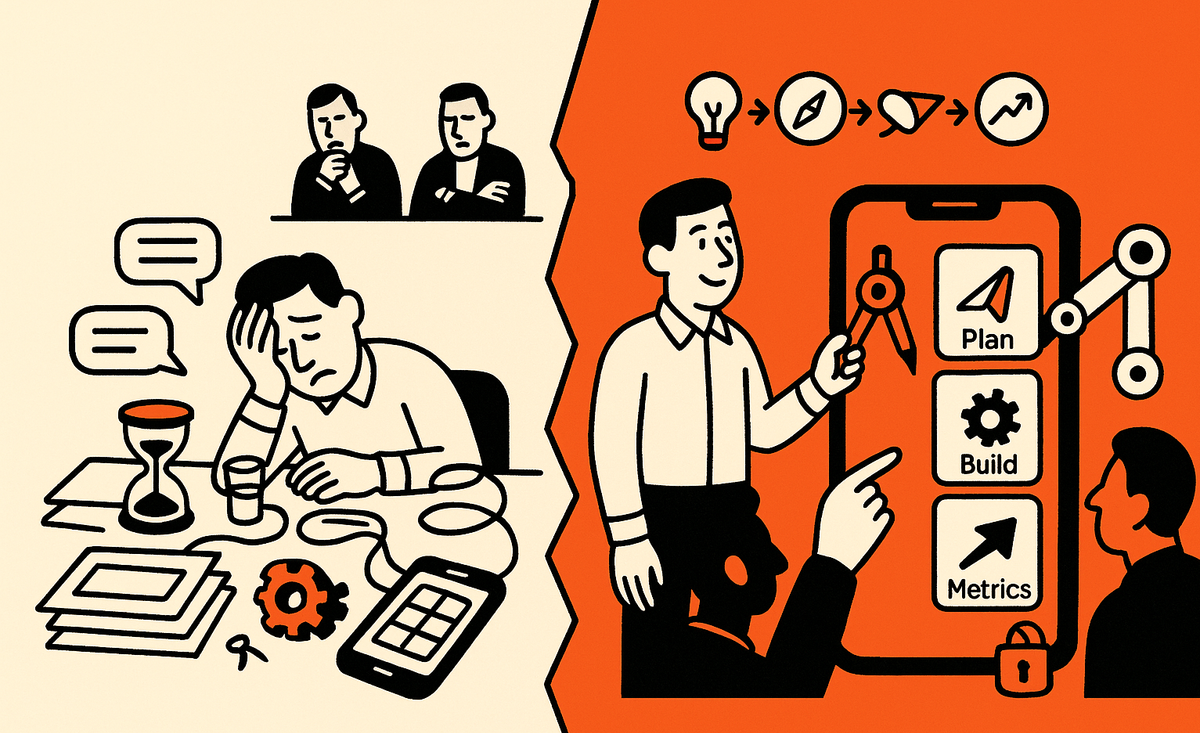 Split scene after the intro: left shows slide-deck fatigue and stalled mockups; right shows AI-guided assembly of a real mobile app that investors can tap through, with a clear plan→build→ship flow.