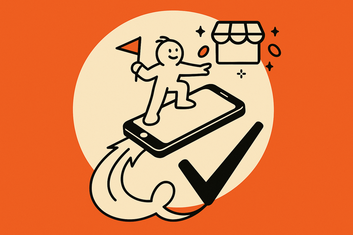 Image 2: Aha moment—phone rocket under a cream spotlight launching toward an App Store icon with coins, symbolizing data-backed success.