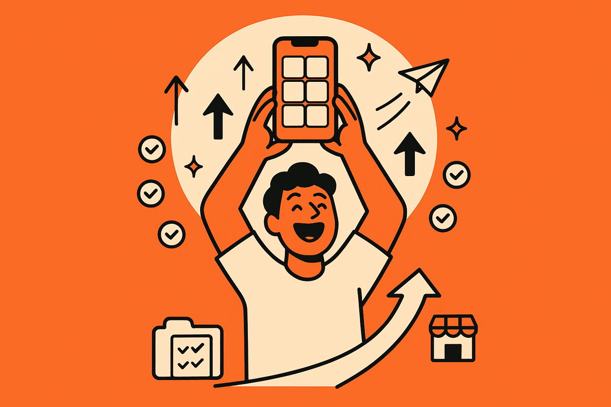 In-article Image 2: Central aha moment—happy creator lifts a phone as checkmarks and paper planes swirl upward, signaling real user interest and readiness to ship.