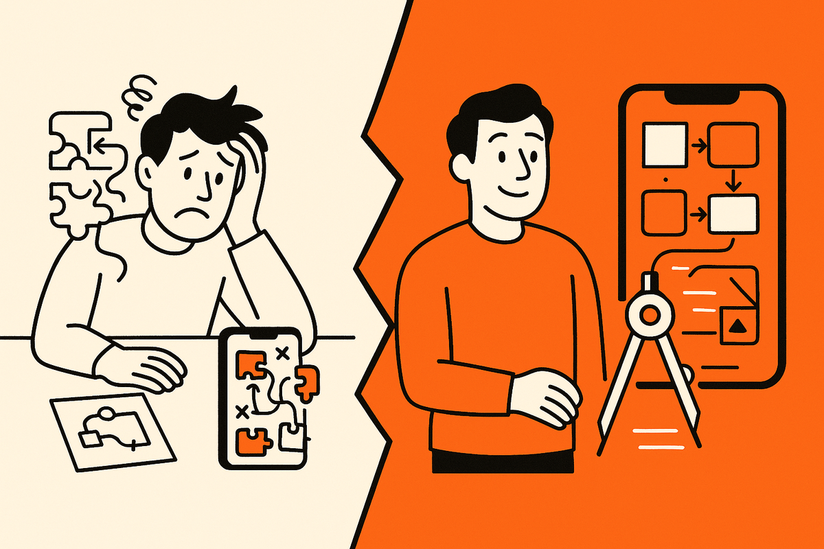 Split before-and-after: from messy UI blocks and tangled flows to clear AI‑guided blueprint and snapping app UI.