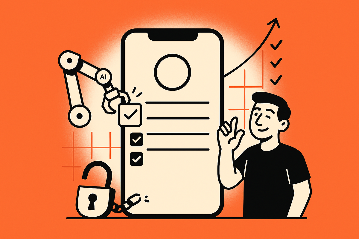 Aha finale: Final checkmarked tile snaps into a radiant phone habit tracker as an open padlock drops and blueprint lines rise into a growth arrow.