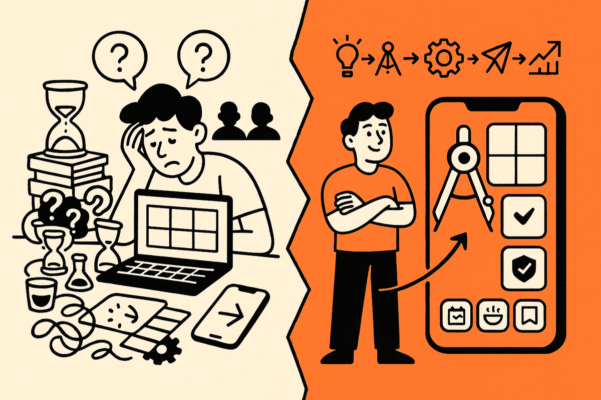 Split scene: left shows cluttered setup and a stalled phone; right shows AI-guided plan → build → ship flow assembling a clean, tappable app.