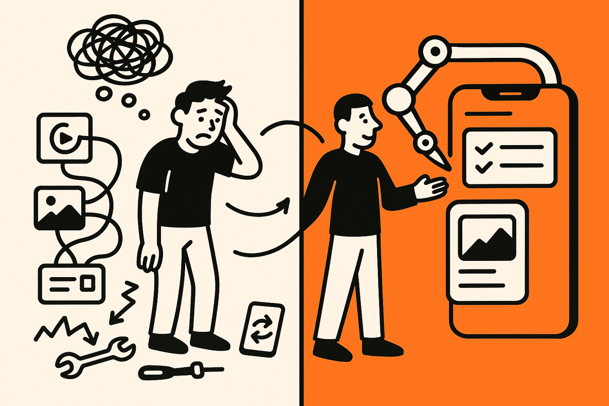 In-article Image 1: split scene showing drag-and-drop chaos on the left and AI-assembled, well-specified mobile app on the right.