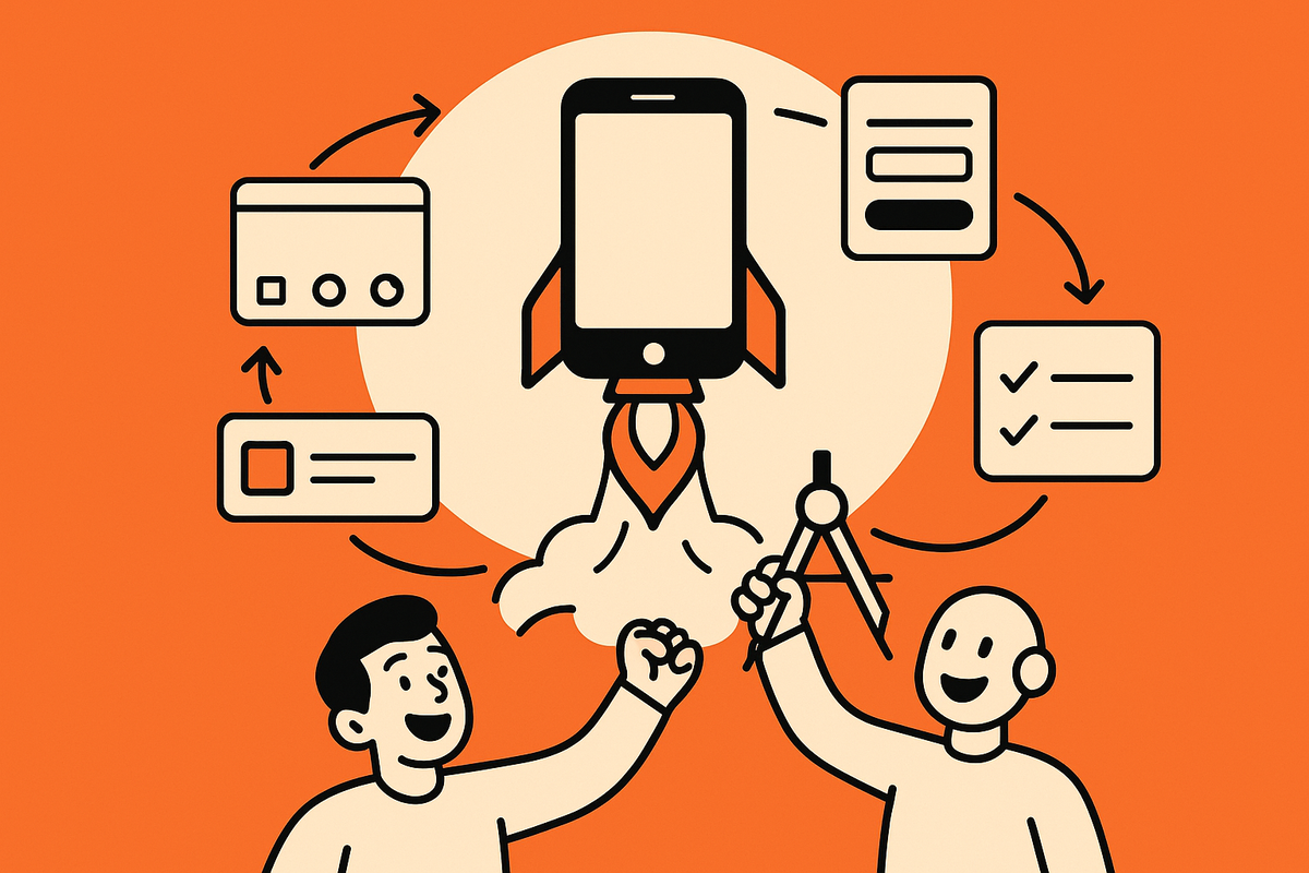 Aha moment: finished mobile app launching from a phone with orbiting UI tiles as developer and AI celebrate, clean orange/black/cream vector.