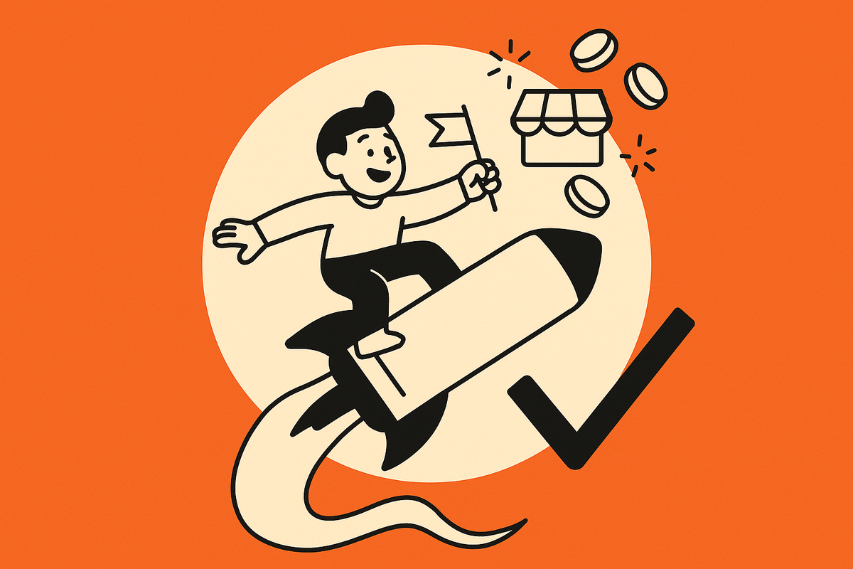 Image 2: Aha moment—smartphone rocket with checkmark exhaust launching toward a storefront icon and coins.