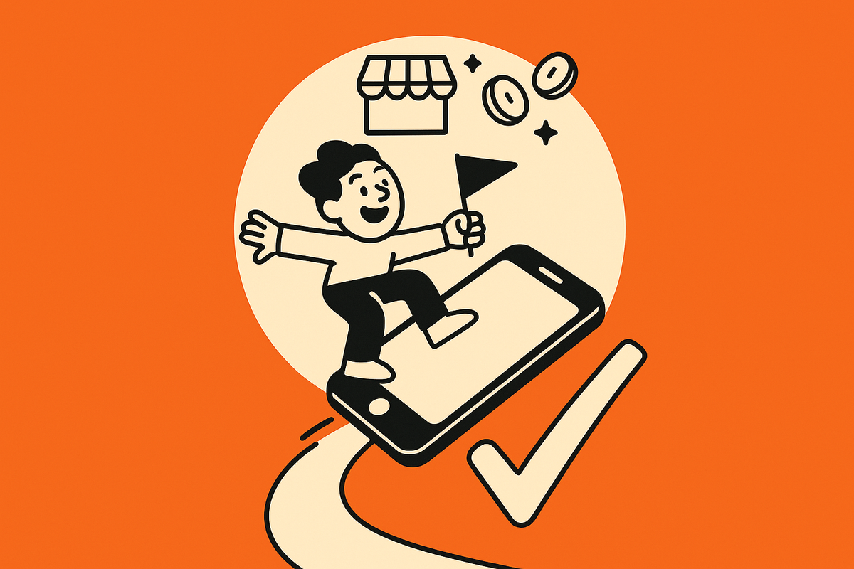 Image 2: Aha moment—smartphone rocket with checkmark exhaust launching toward an App Store icon and coins.