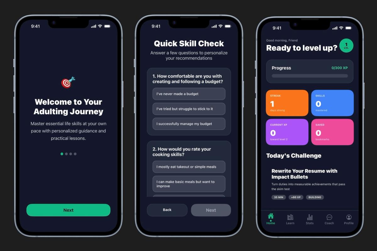 Opening screen shots in Project Adulting app.