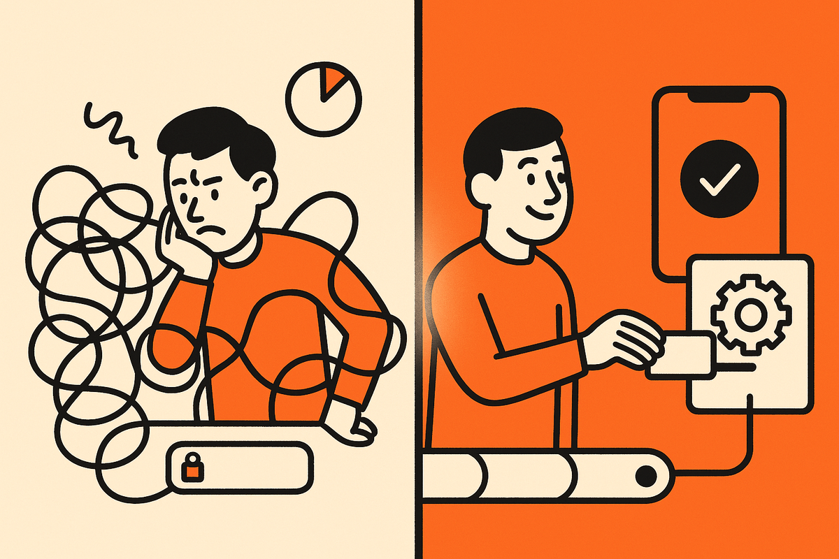 In-article Image 1: Split before-and-after — left shows frustration at a tiny token field, right shows a clean flow after adding the token.