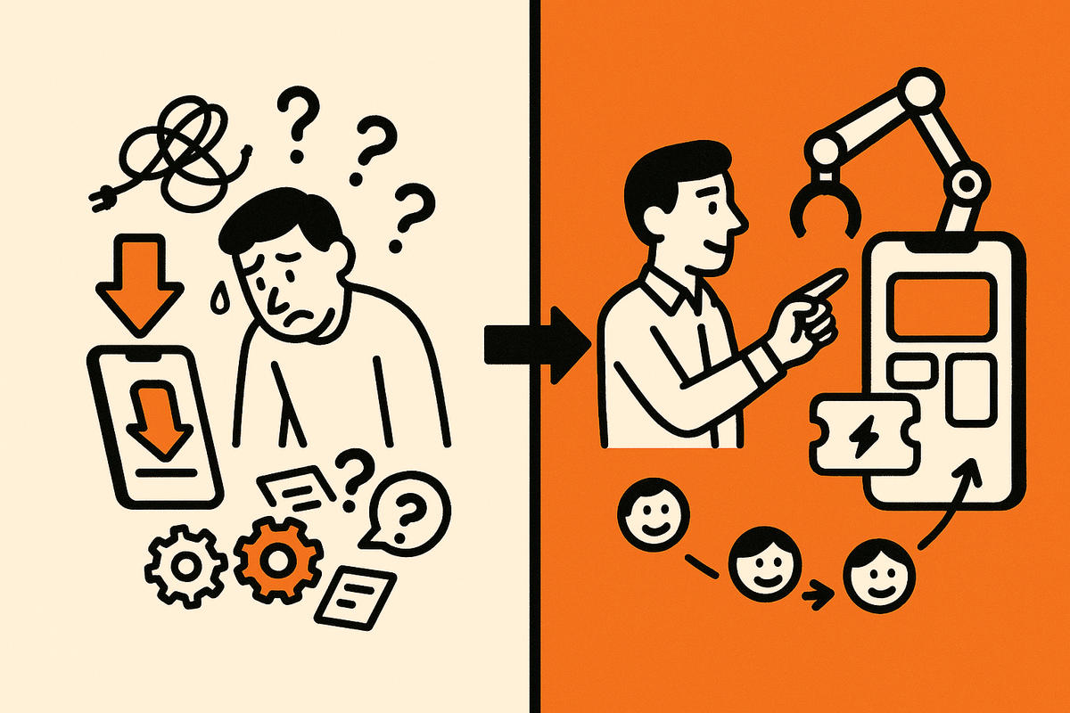 Image 1: Split before-and-after from install friction and debates to AI-built app with instant App Clip trials and feedback.