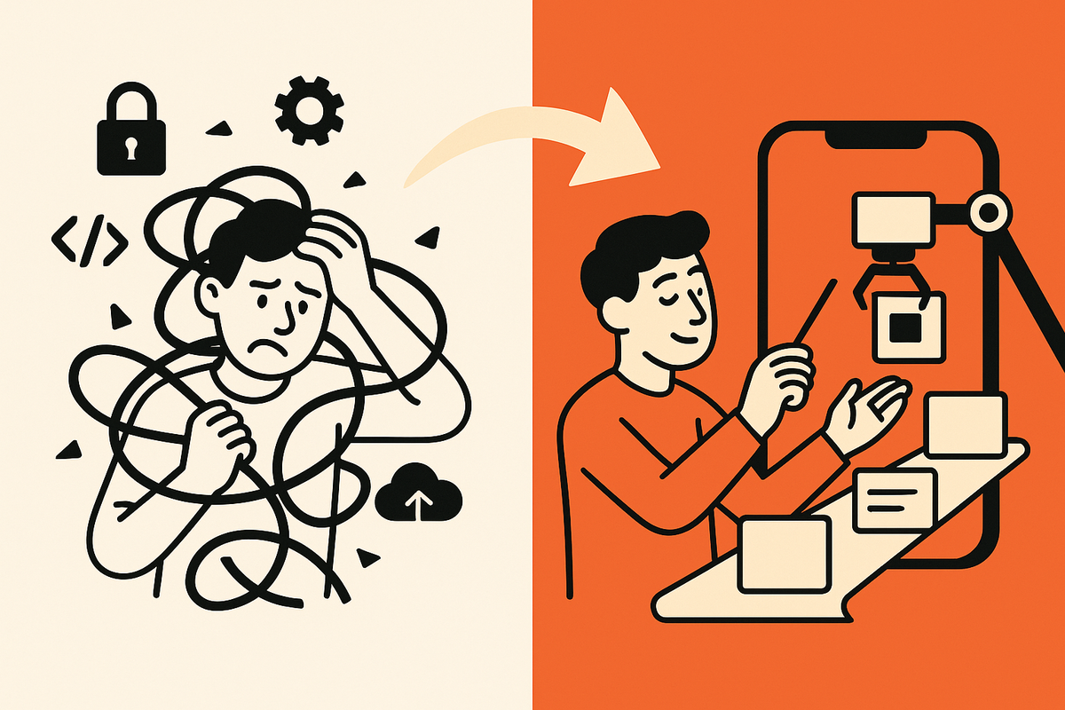 In-article Image 1: split scene showing chaotic manual setup on the left and a smooth AI-driven assembly line flowing into a phone on the right.