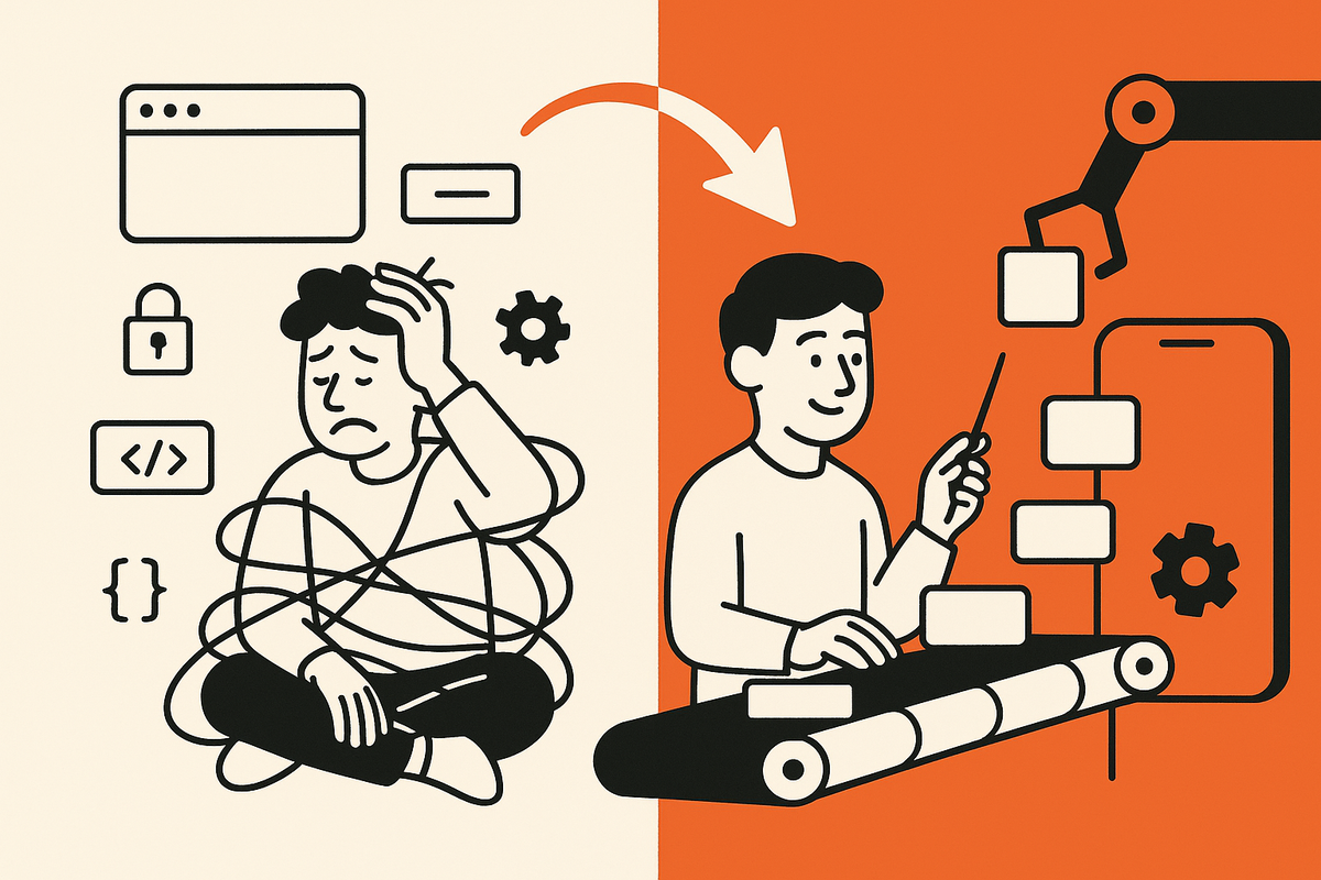 In-article Image 1: split scene showing messy manual app setup on the left and a smooth AI-driven build flowing into a phone on the right.