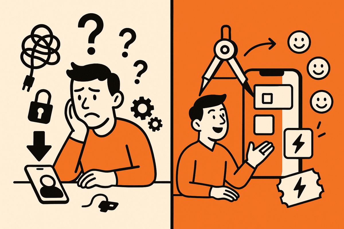 Image 1: Split before/after—install friction and pricing debates vs instant App Clip trials assembled by AI.