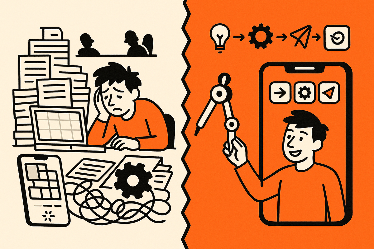 Split scene after the intro: left shows resume sameness and setup chaos; right shows a clear AI-guided plan → build → ship pipeline assembling a tappable app.