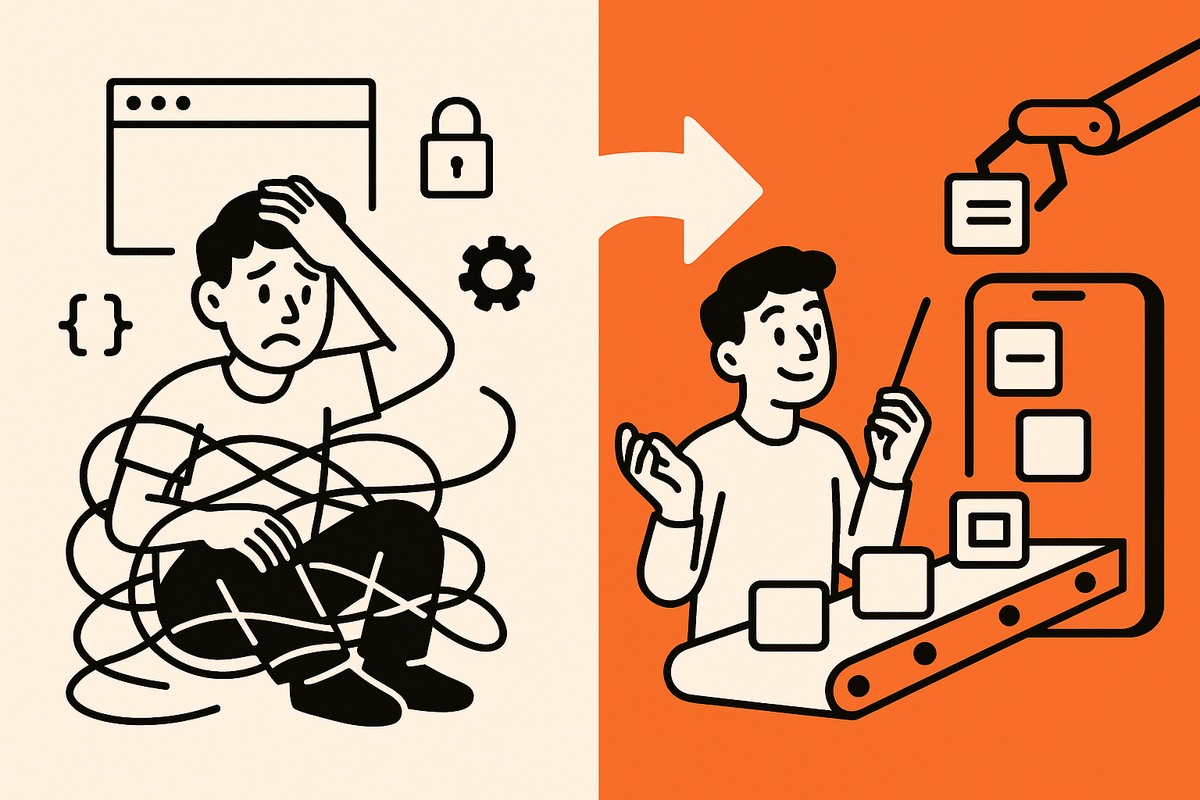 In-article Image 1: split screen showing chaotic manual setup on the left and a smooth AI-driven assembly line flowing into a phone on the right.