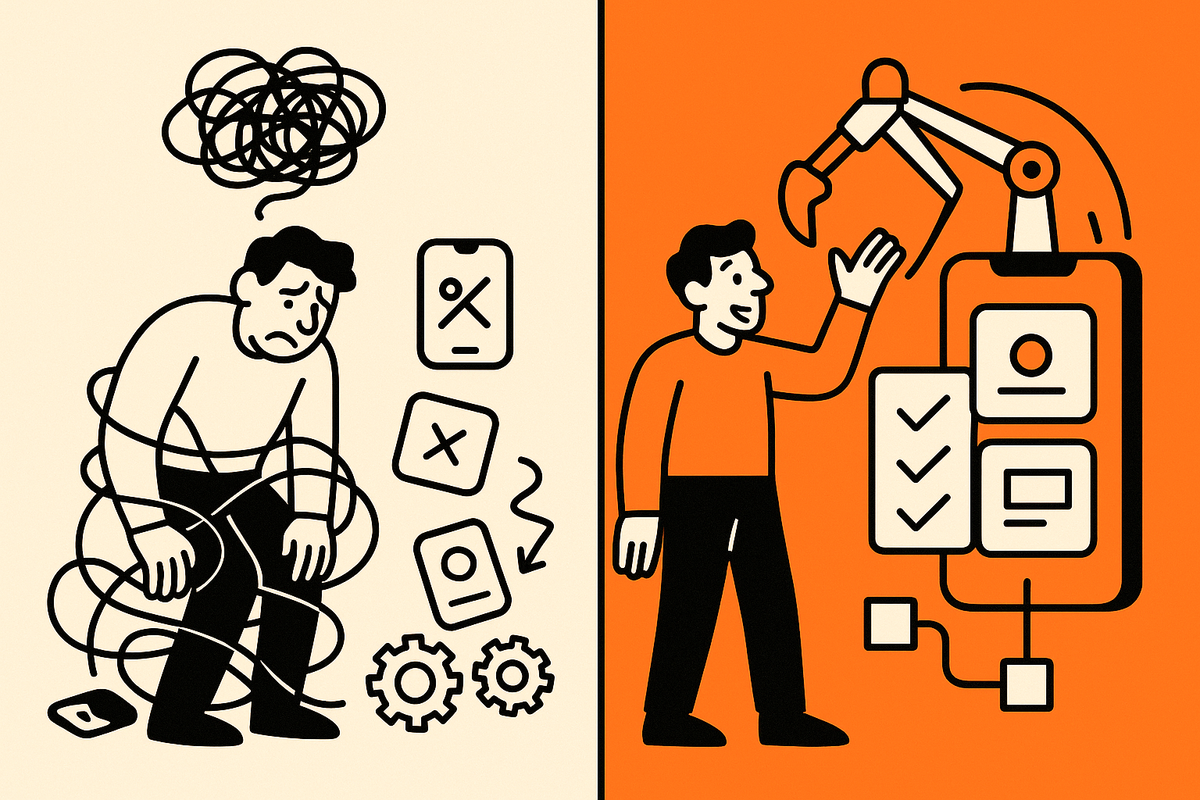 In-article Image 1 split scene: chaotic manual app setup on the left vs. calm AI-assembled mobile UI from a precise plan on the right.