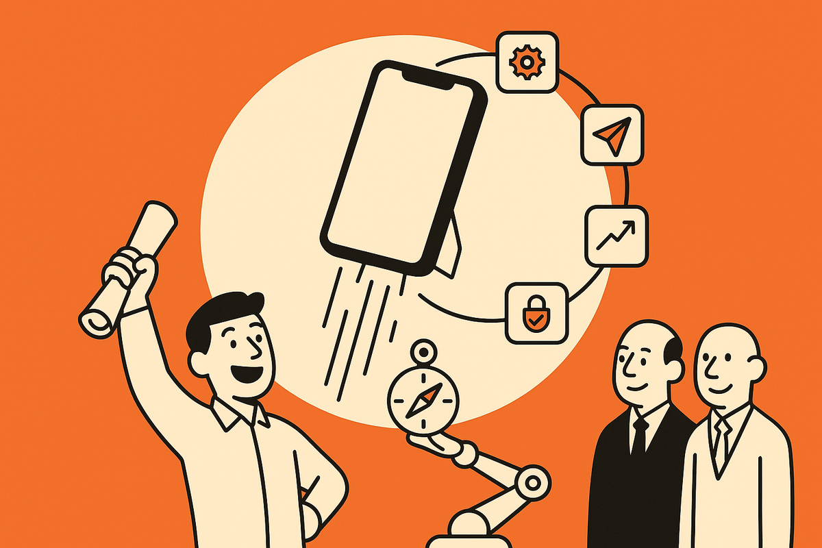 Final aha: a smartphone lifts like a rocket with an orbit of plan, build, ship, and insight icons; the founder and robotic arm celebrate as investors nod, symbolizing proof over promises.