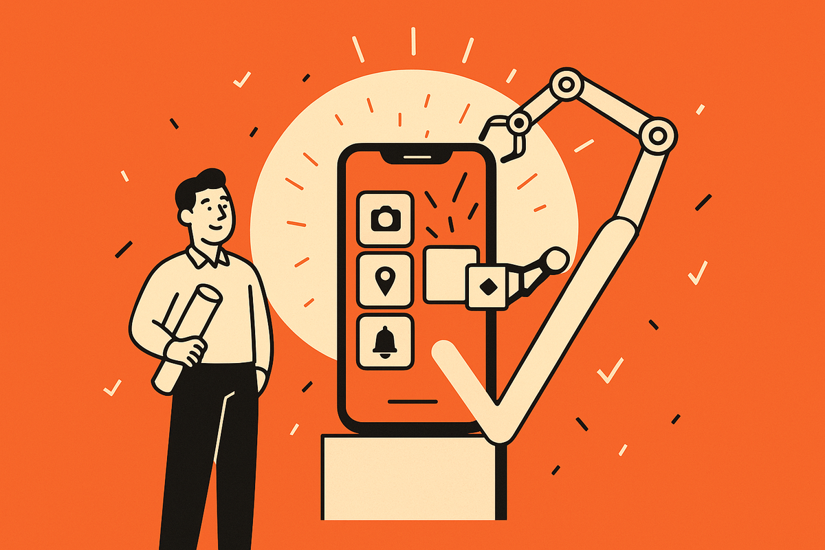 Aha moment with a completed mobile app glowing on a phone, AI builder arms finishing touches, and a creator holding a blueprint, on a solid orange background