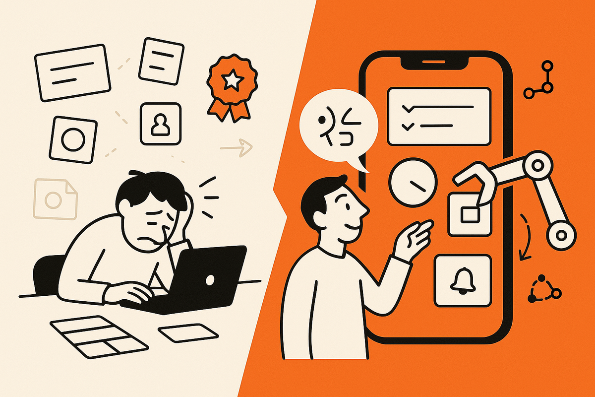 Split scene after PAS: Left shows cluttered templates, paywall locks, and forced streaks; right shows plain‑English prompting and instant personalized habit tracker assembly on a phone.