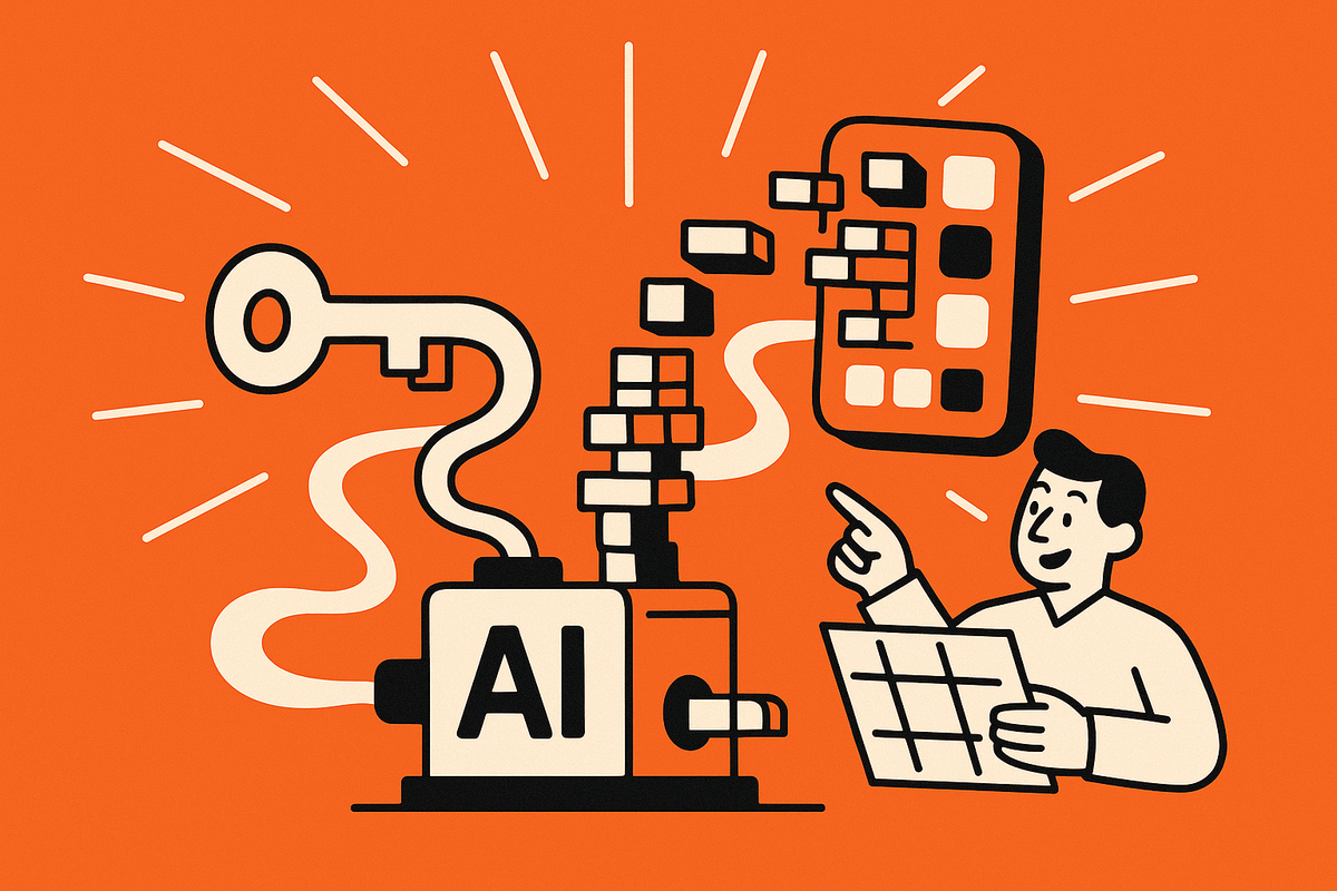 In-article Image 2: Central ‘aha’ moment where a token powers an AI builder assembling a mobile app while the developer directs like an architect.