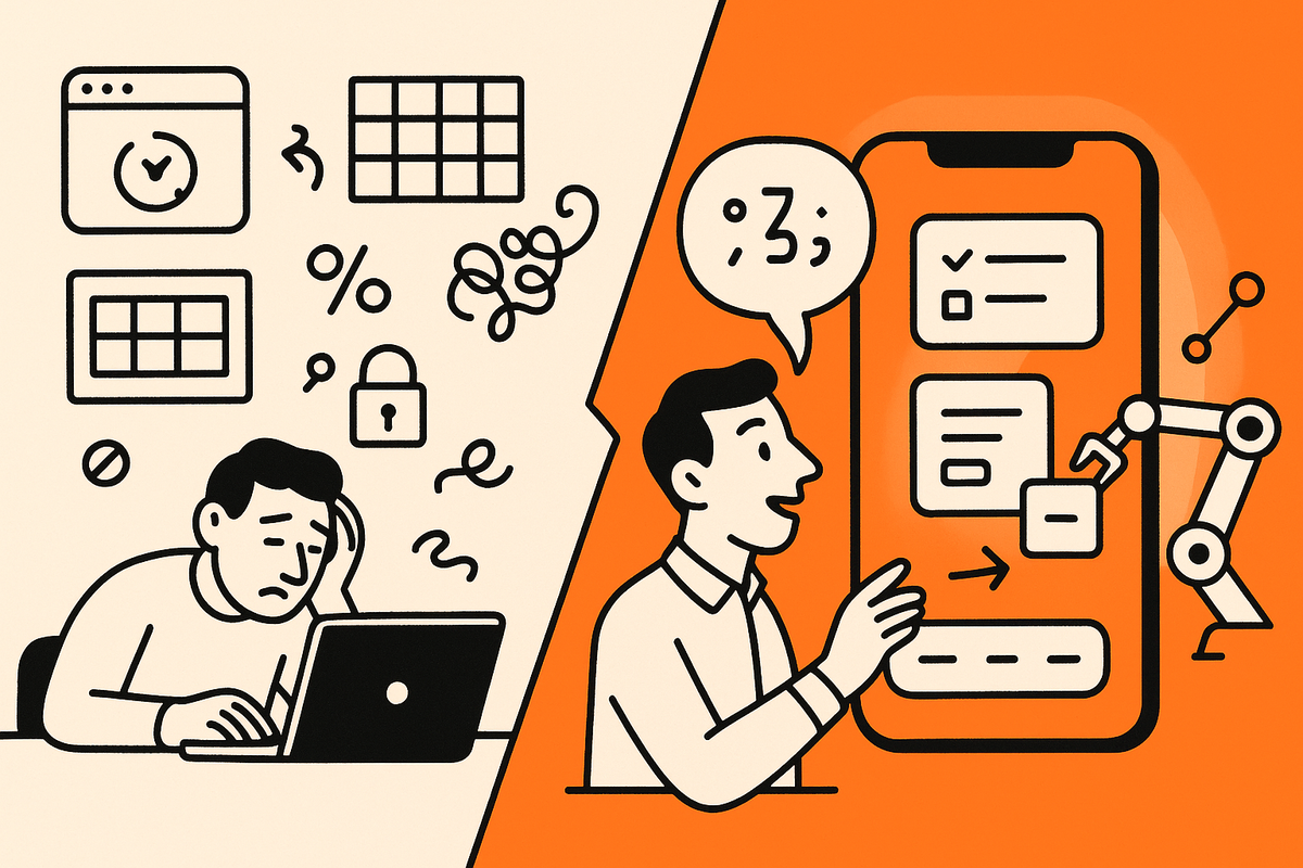 Split scene after PAS: Left shows cluttered desktop builders, a spinner and paywall; right shows speech‑to‑app flow with a robotic arm snapping tiles into a real phone.
