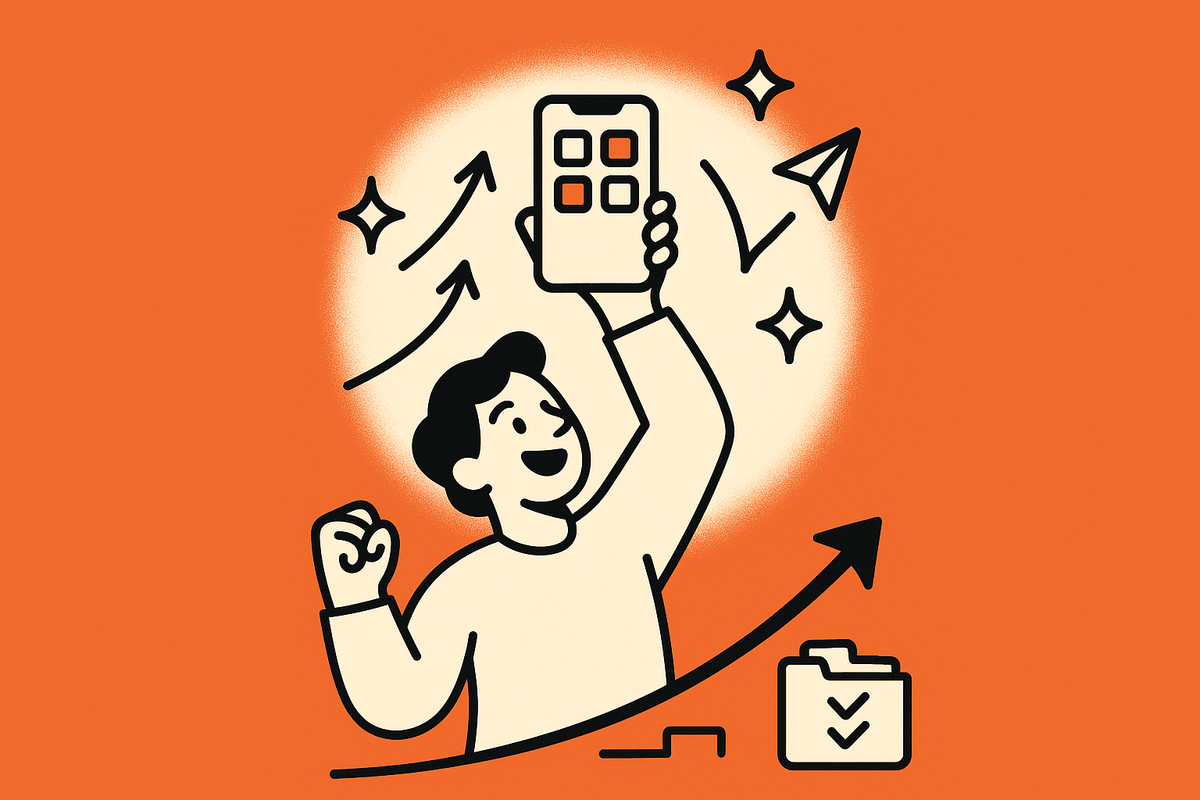 In-article Image 2: Central ‘aha moment’ with a happy creator raising a glowing phone, upward motion and celebratory energy on a bold orange background.