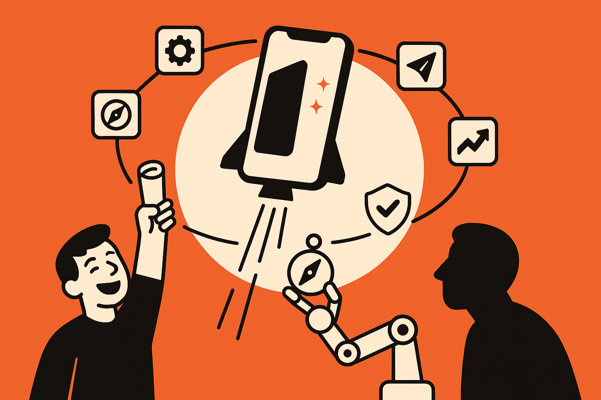 Final aha: smartphone launches with orbiting plan/build/ship/publish icons as a recruiter nods—celebrating credible, shipped apps.