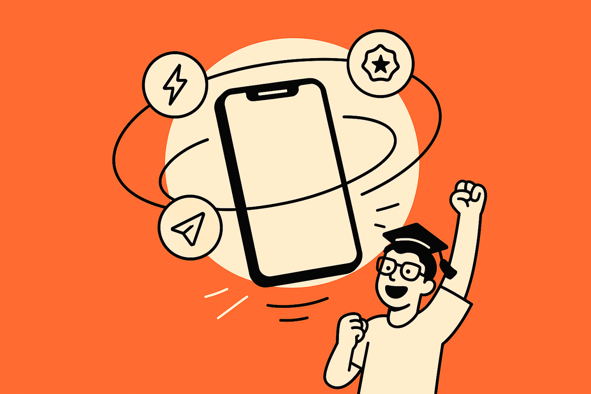 In-article Image 2: centered smartphone with a halo and orbiting icons for speed, credibility, and sharing, with a joyful student celebrating below.