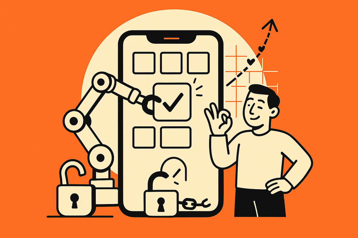 Final aha image: Final checkmarked tile snaps into a radiant phone while an open padlock drops and blueprint lines turn into an upward launch arrow.