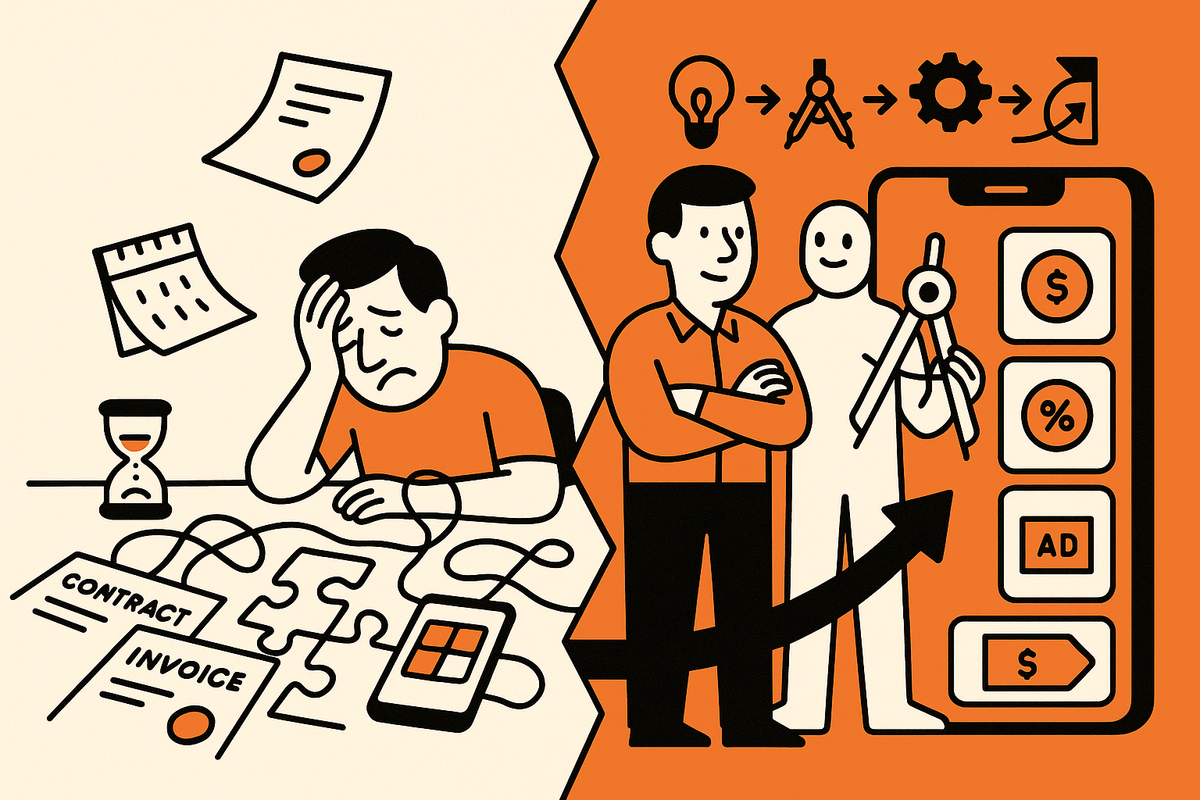 Before-and-after: no‑code chaos and delays transform into AI‑guided app assembly with clear monetization.