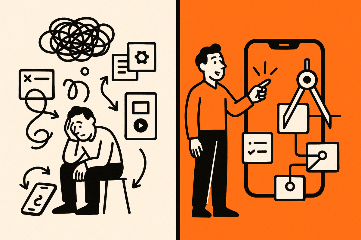 Image 1: Split before/after—chaotic vague prompt chaos vs structured plan with AI assembling a phone UI.