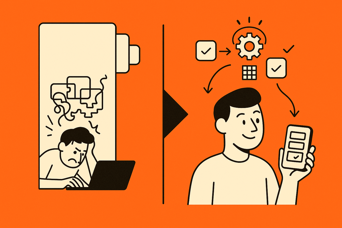Split before-and-after scene showing drag‑and‑drop chaos vs. smooth AI‑generated app flow, in strict orange–black–cream palette