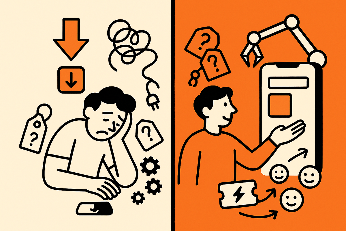 Image 1: Split before/after—debates and install friction vs instant App Clip trials built by AI.