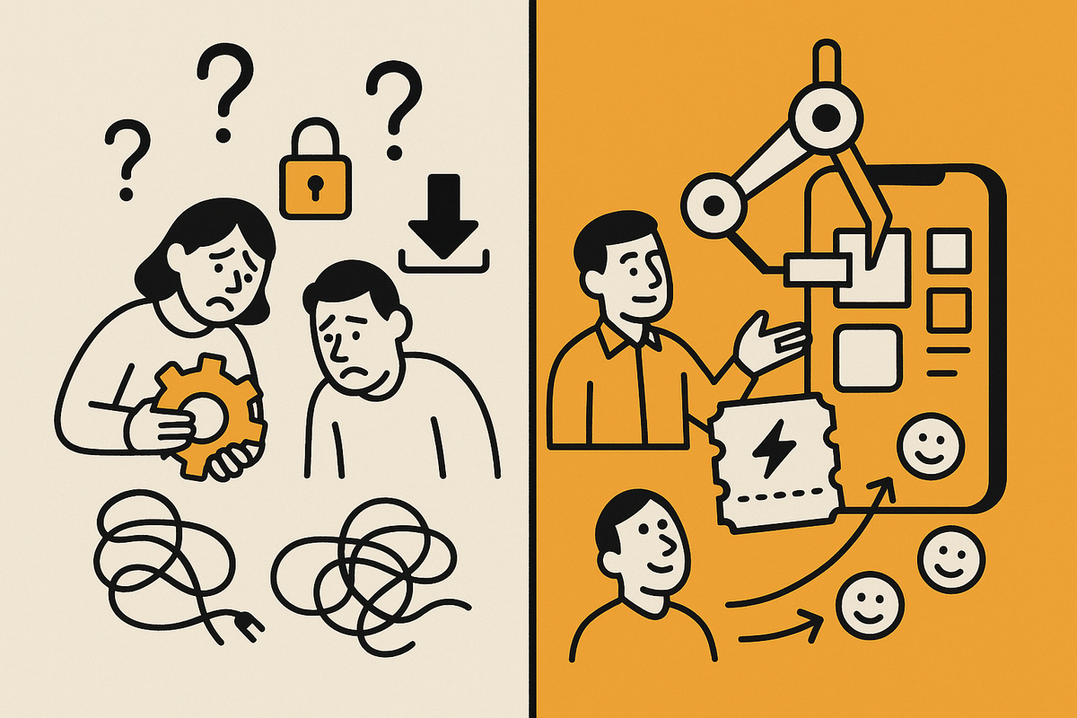 Image 1: Split before/after—left shows pricing debates and setup pain; right shows AI-built app, App Clip sharing, and smooth feedback flow.
