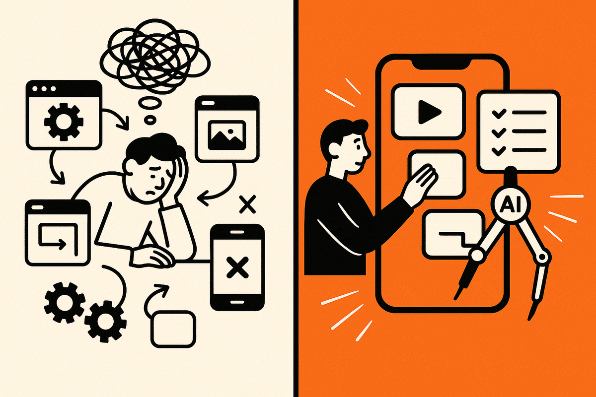 Image 1: Split before/after—messy vague prompt chaos vs structured planning and AI-built phone.