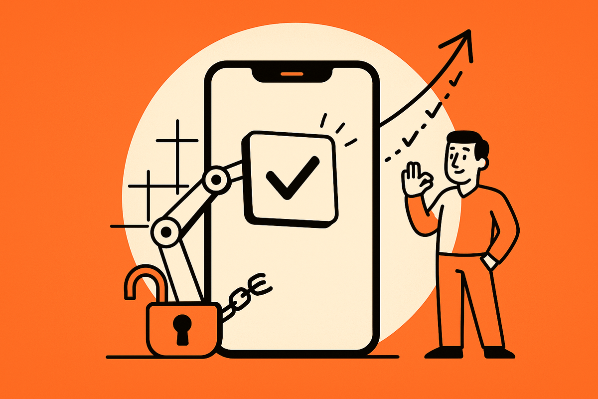 Aha finale: A checkmarked UI tile clicks into a radiant phone as an open padlock drops and blueprint lines rise into a launch arrow.