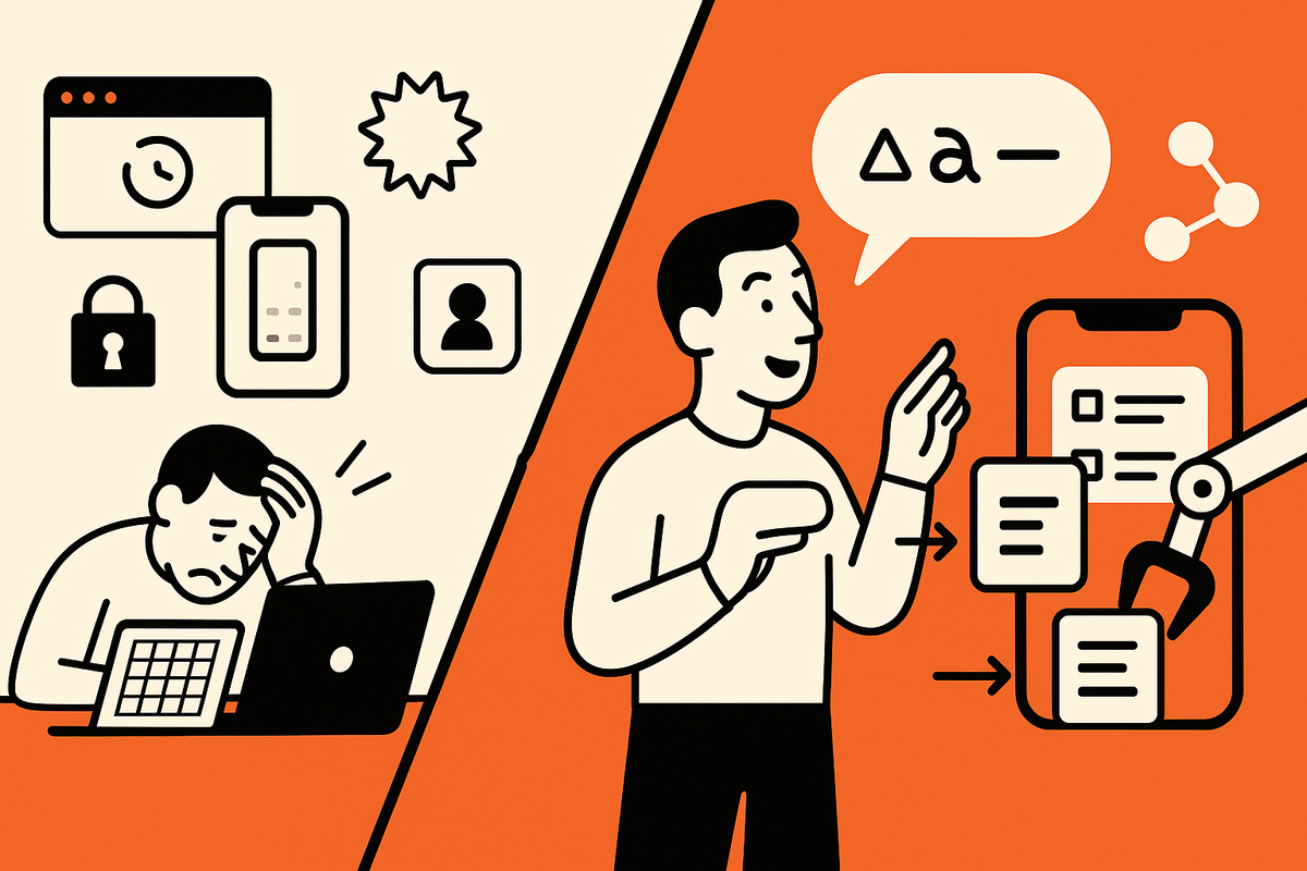 Split after-PAS image: Left shows cluttered, paywalled builders and fake browser previews; right shows plain‑English prompting and instant on‑device app assembly.