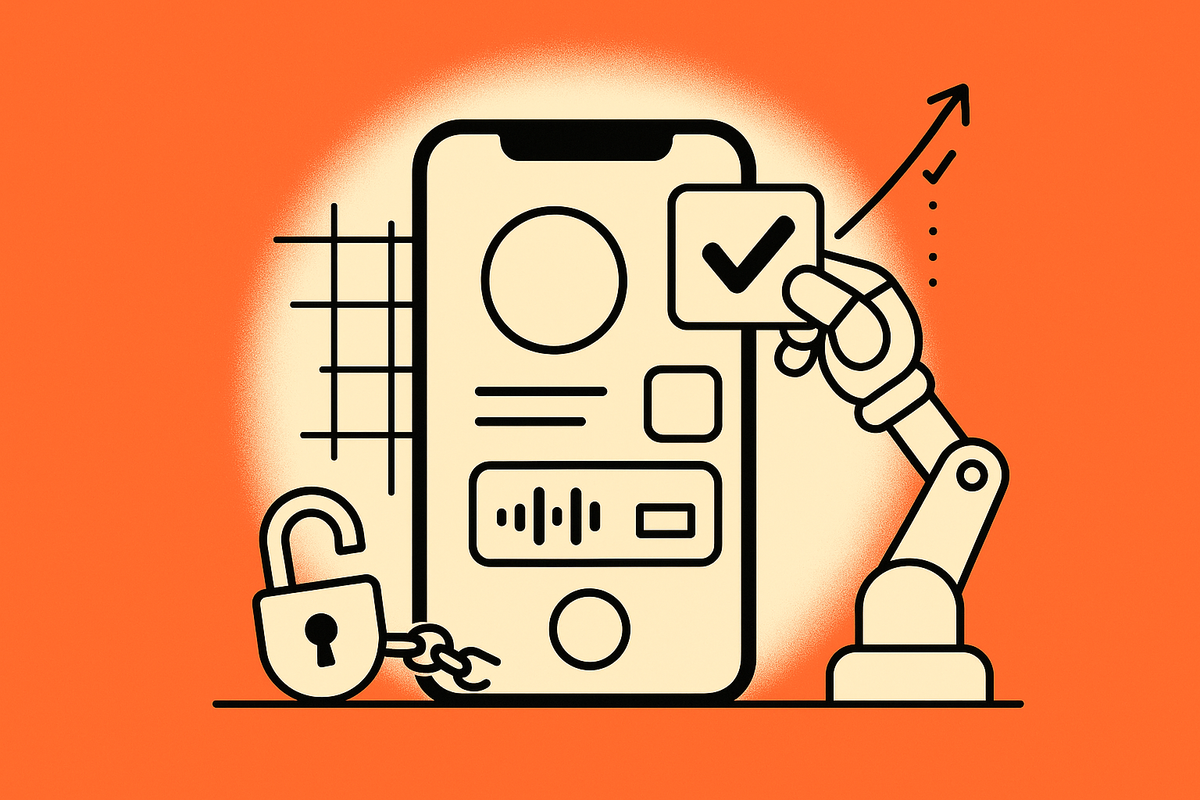 Final aha: Robotic arm snaps the last tile into a calm meditation app as an open padlock drops and blueprint lines rise into an upward arrow.
