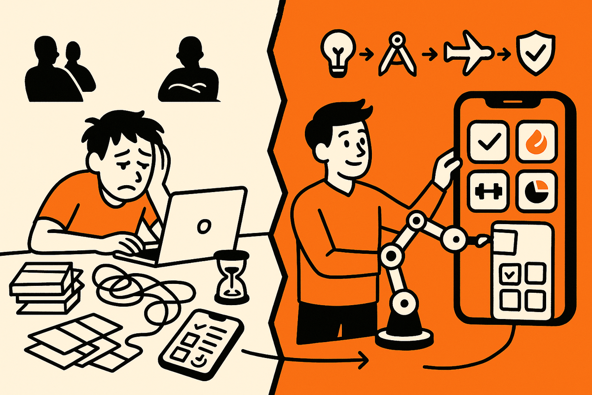 Split scene after the intro: left shows repo chaos and stalled setup; right shows AI-guided plan→build→ship flow assembling clean app tiles recruiters can tap.