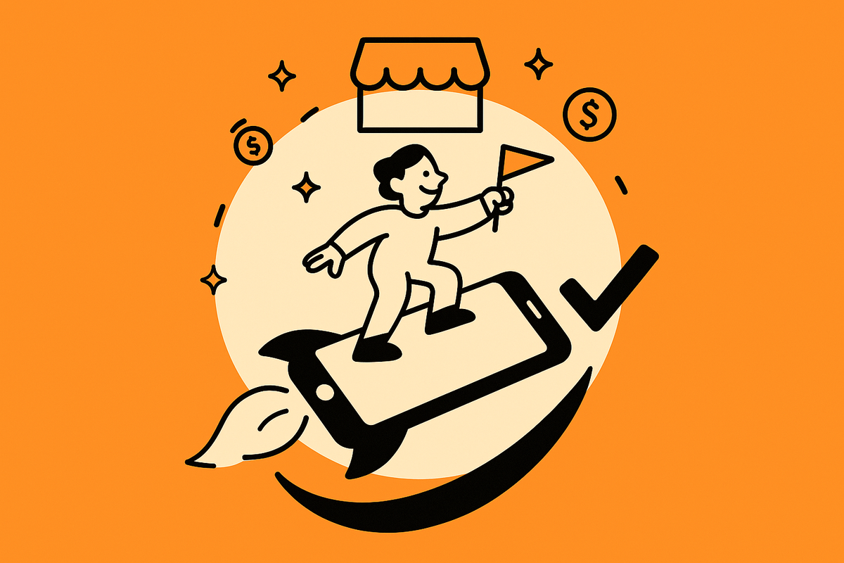 Image 2: Aha moment—creator riding a phone-rocket under a cream spotlight toward success, symbolizing App Store launch and revenue.