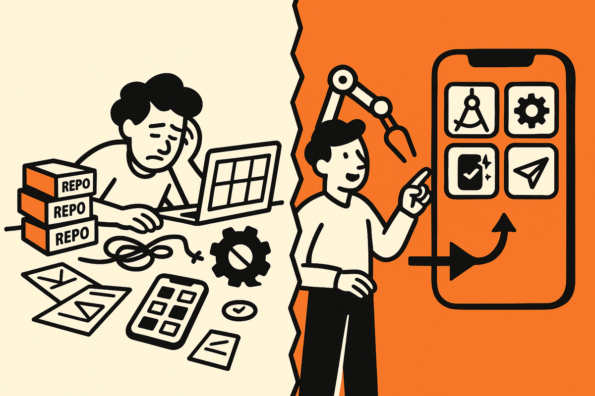 Split scene: left shows cluttered setup and missing states; right shows an AI‑guided Plan → Build → Test → Publish flow snapping a clean, tappable app into place.