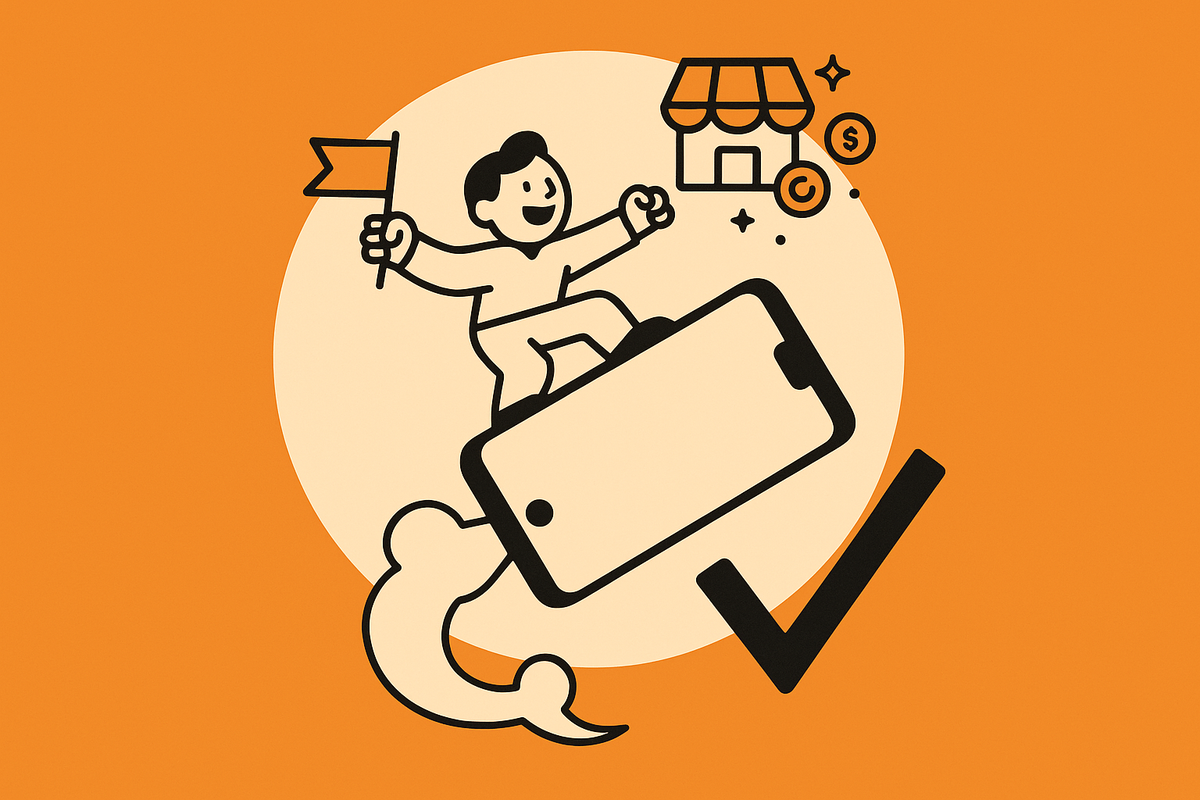 Image 2: Final aha—phone rocket launching toward a storefront with coins and a checkmark exhaust, symbolizing data-backed monetization success.