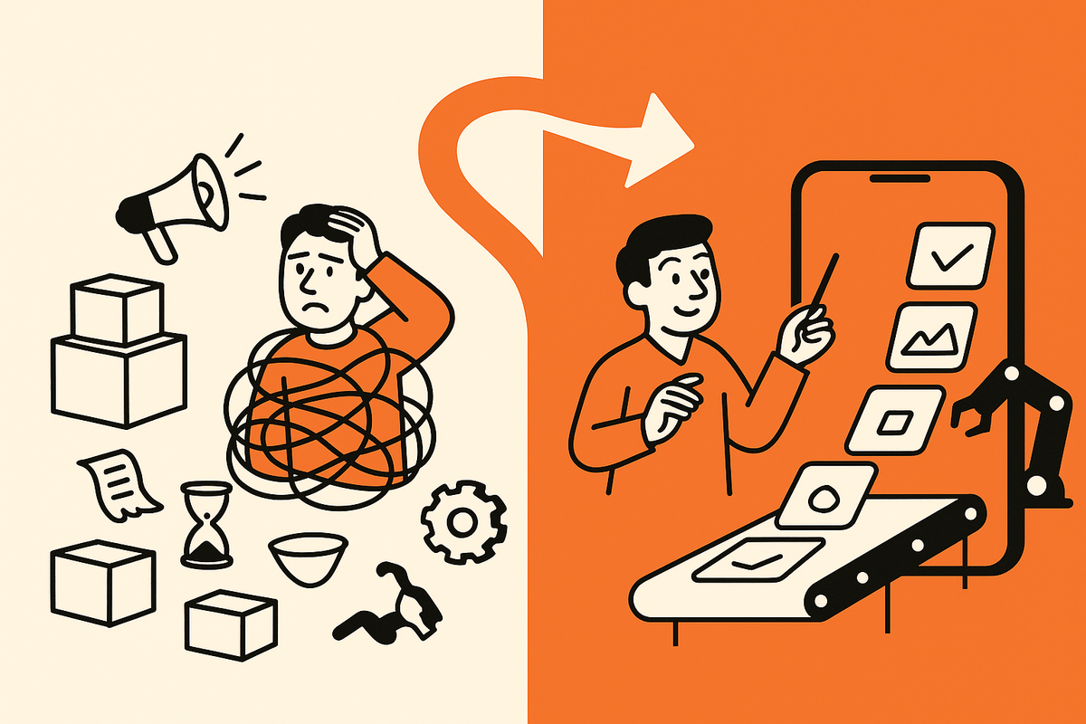 In-article Image 1: split scene showing side-hustle chaos with boxes and receipts on the left versus AI-built app flow into a smartphone on the right.