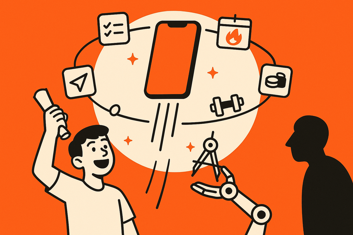 Final aha: a smartphone lifts like a rocket with orbiting icons for task, habit, gym, and budget apps as the student and robotic arm celebrate publishing.