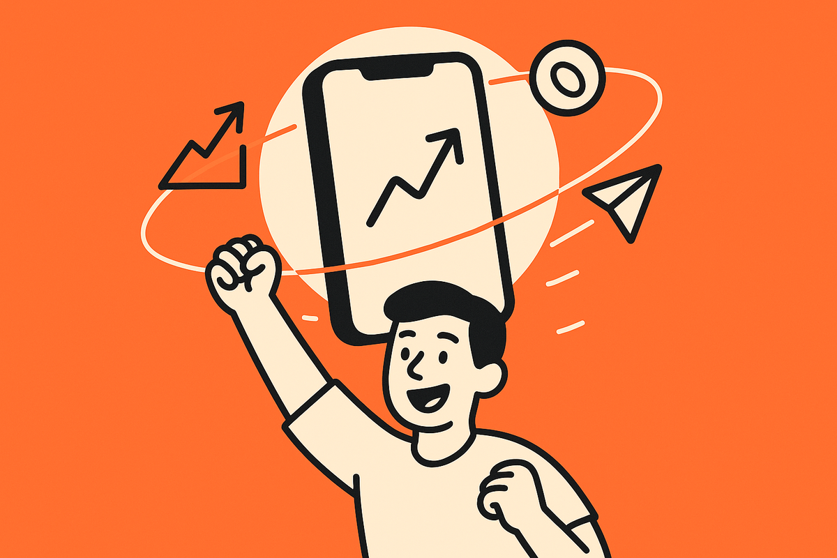 In-article Image 2: centered smartphone with a halo and orbiting icons for traction, revenue, and sharing, with a joyful founder celebrating below.