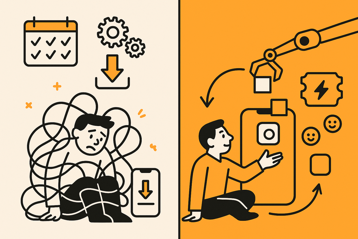 Image 1: Split before-and-after—left shows setup frustration and install friction; right shows AI assembling an app and instant App Clip sharing with smooth flow.