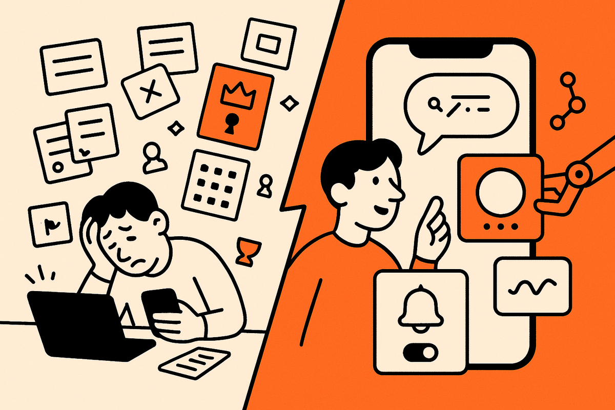 Split scene after PAS: Left shows cluttered paywalled meditation templates; right shows plain‑English prompting with a robotic arm assembling a clean, custom meditation app on a phone.