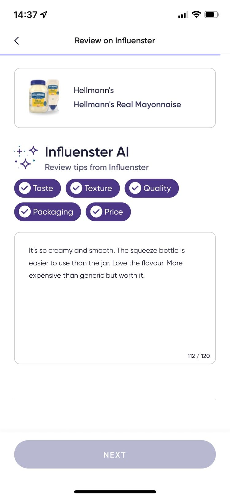 Influenster AI review tips on a mayonnaise review: Taste, Texture, Quality, Packaging and Price checked as the review covers them