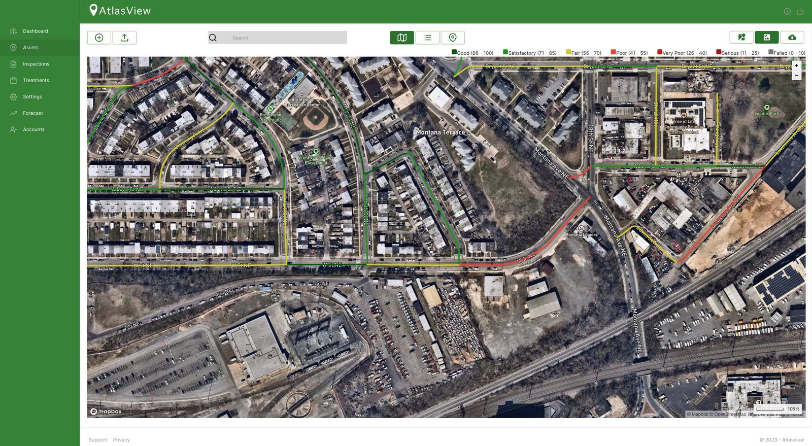 Previous AtlasView map with a dark green header and condition-colored roads on satellite imagery