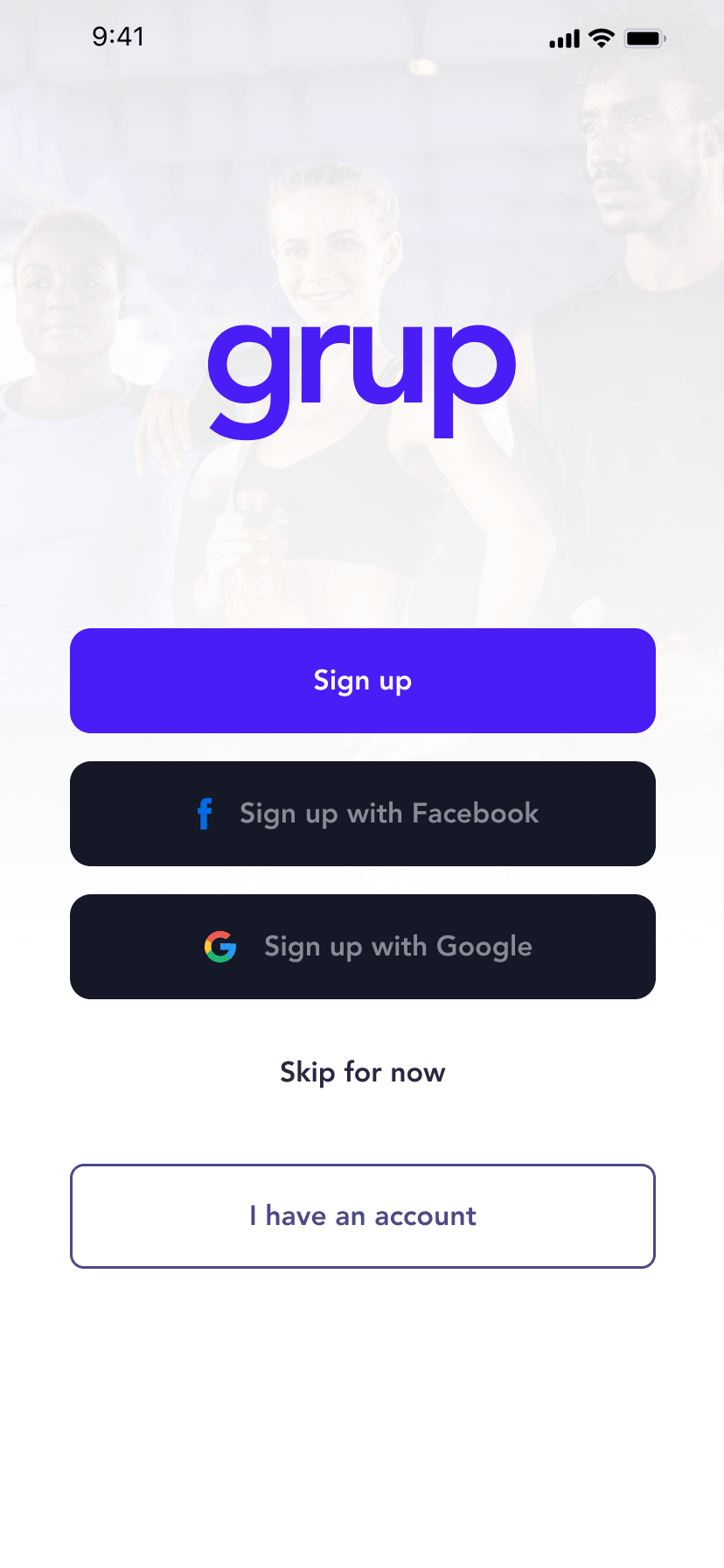 Sign up screen with email, Facebook, Google and a Skip for now option